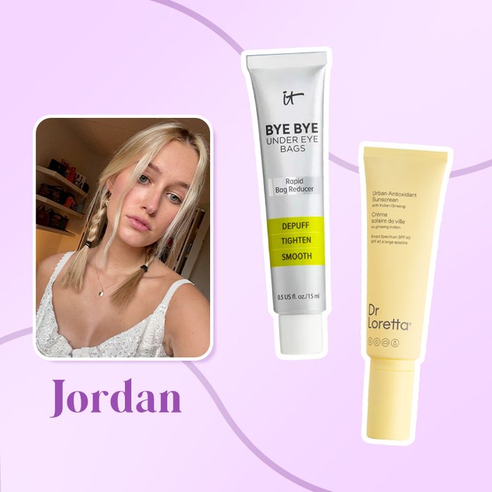 photo of jordan collaged onto a purple background with the it cosmetics eye cream and the Dr. Loretta sunscreen