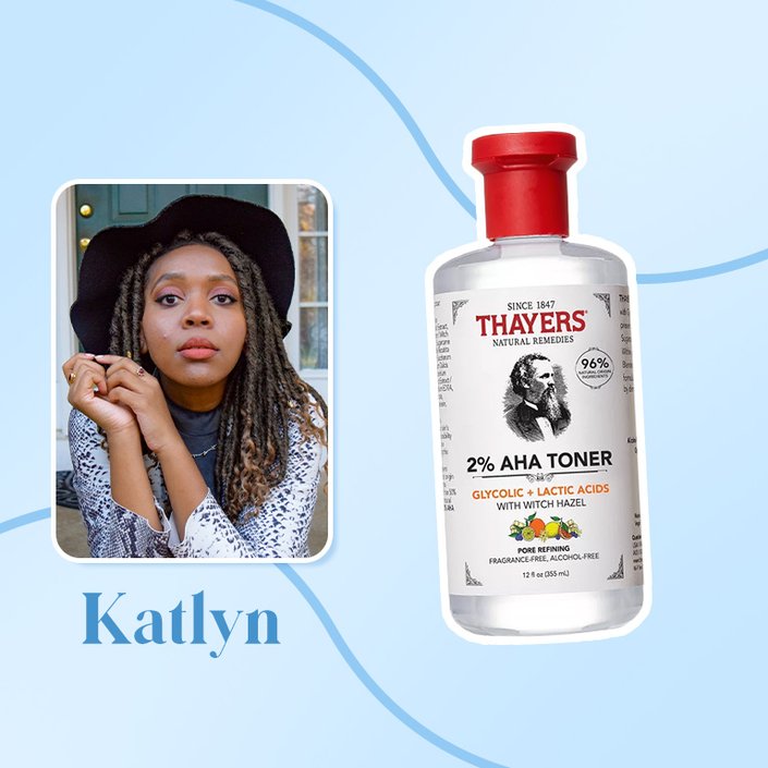 photo of kat collaged onto a blue background with the thayers toner