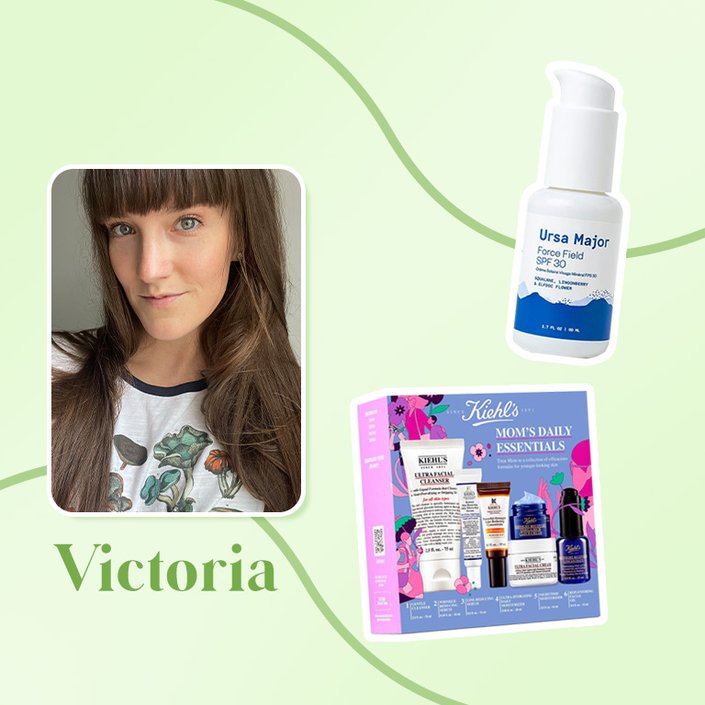 photo of victoria collaged onto a green background with the ursa major sunscreen and the kiehls mothers day set
