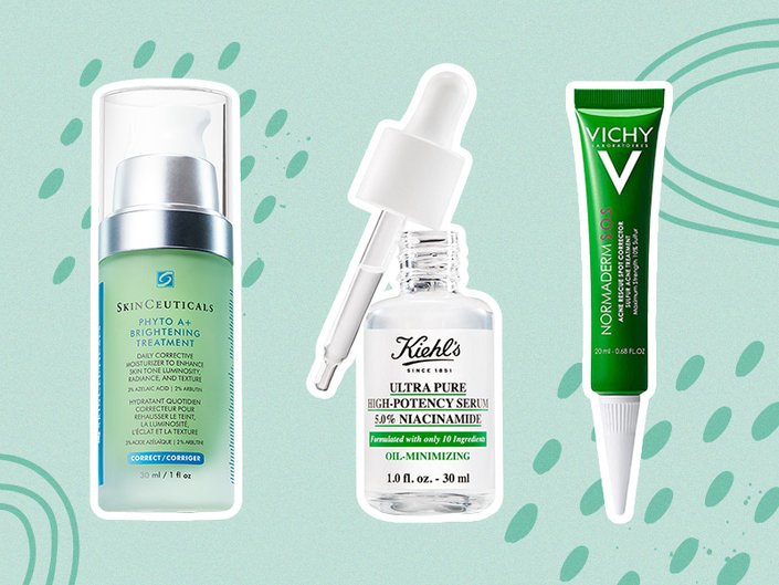 Picture of the SkinCeuticals Phyto A+ Brightening Treatment, Kiehl’s Ultra Pure High-Potency 5.0% Niacinamide Serum and Vichy Normaderm S.O.S Acne Rescue Spot Corrector on a green graphic background