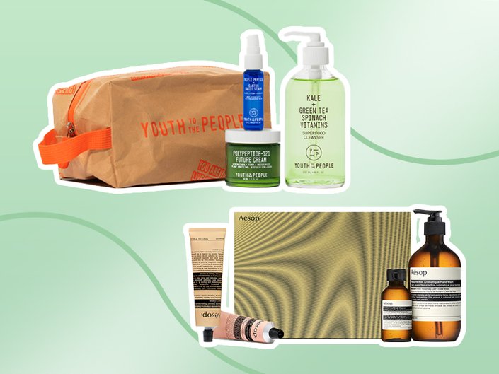 skincare products collaged on a green background