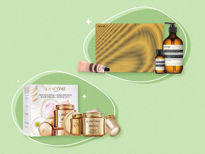 best smelling skincare products collaged onto a green background