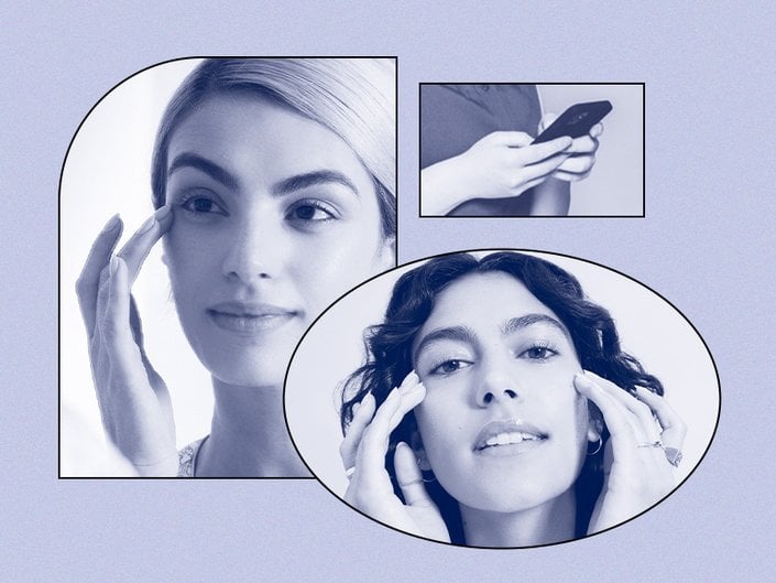 Collage of photos of people touching their skin with a blue background
