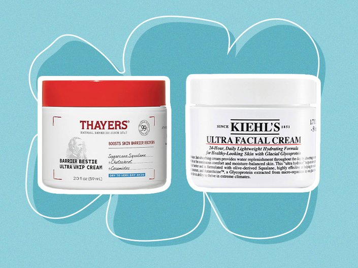 Thayers Barrier Bestie Ultra Whip Face Cream and Kiehl’s Ultra Facial Cream collaged on a teal background