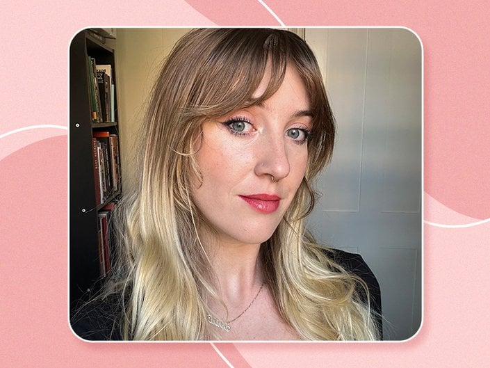 Picture of an editor with dirty blonde hair and bangs against a red graphic background