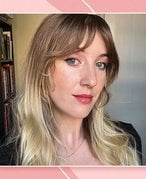 Picture of an editor with dirty blonde hair and bangs against a red graphic background