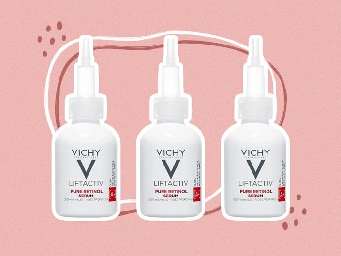 Vichy LiftActiv Pure Retinol Serum collaged three times on a pink background