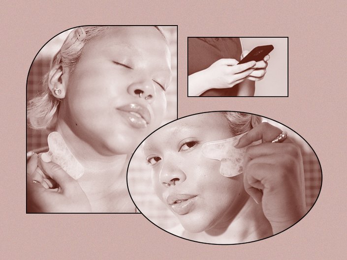 Collage of people using a gua sha