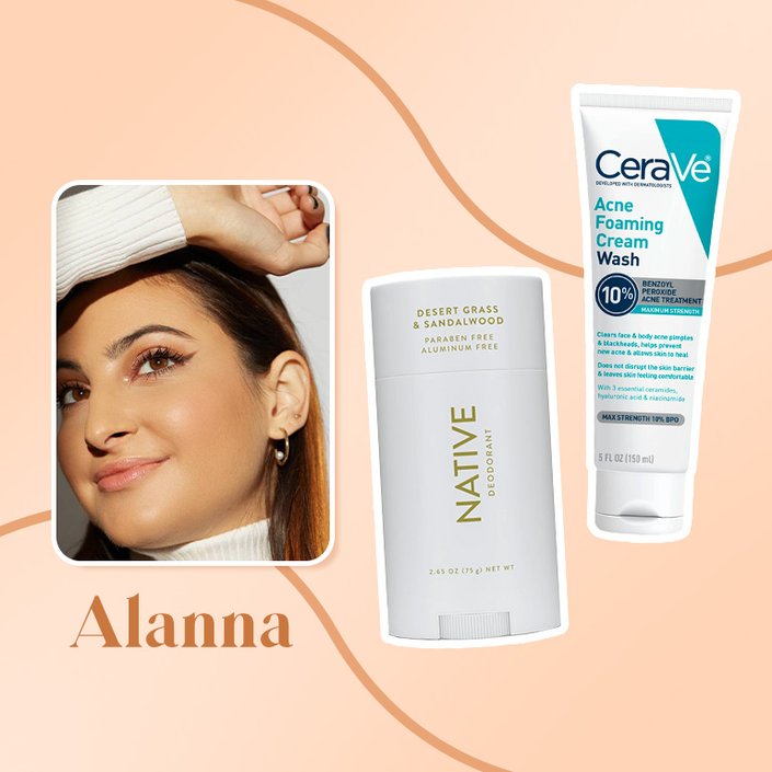 a photo of alanna collaged with the CeraVe Acne Foaming Cream Wash BPO 10% and the Native Fall Escape Deodorant