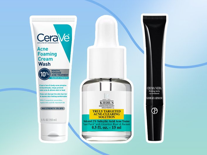 cerave acne foaming cleanser, kiehls truly targeted serum, armani eye cream