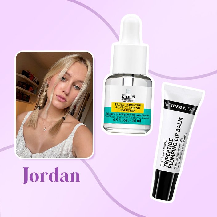 a photo of jordan with the Kiehl’s Truly Targeted Acne-Clearing Pimple Patch With Salicylic Acid and the inkey list tripeptide balm