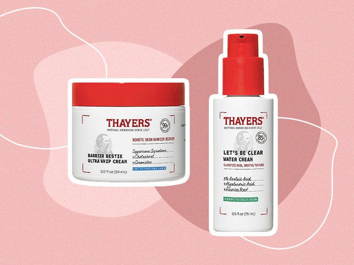 Picture of two Thayers skincare products on a graphic red background