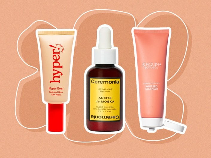 Joaquina Botánica Papaya + Enzymes Whipped Cleanser, Hyper Skin Fade and Glow AHA Mask and Ceremonia Aceite de Moska collaged on a peach background