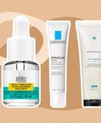 Picture of three acne-fighting products with benzoyl peroxide and salicylic acid on a neutral graphic background