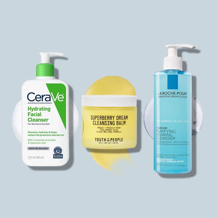 CeraVe Hydrating Facial Cleanser, Youth to the People Superberry Dream Cleansing Balm, and La Roche-Posay Toleriane Purifying Foaming Facial Wash