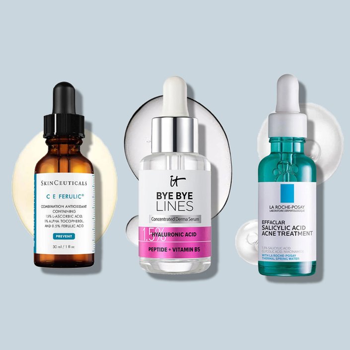 SkinCeuticals C E Ferulic with 15% L-Ascorbic Acid, IT Cosmetics Bye Bye Lines Hyaluronic Acid Serum, and La Roche-Posay Effaclar Salicylic Acid Acne Treatment Serum