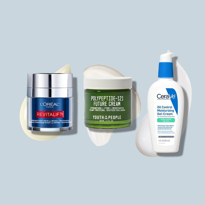 L’Oréal Paris RevitaLift Pressed Night Cream with Retinol + Niacinamide, Youth to the People Polypeptide-121 Future Cream, and CeraVe Oil Control Moisturizing Gel-Cream