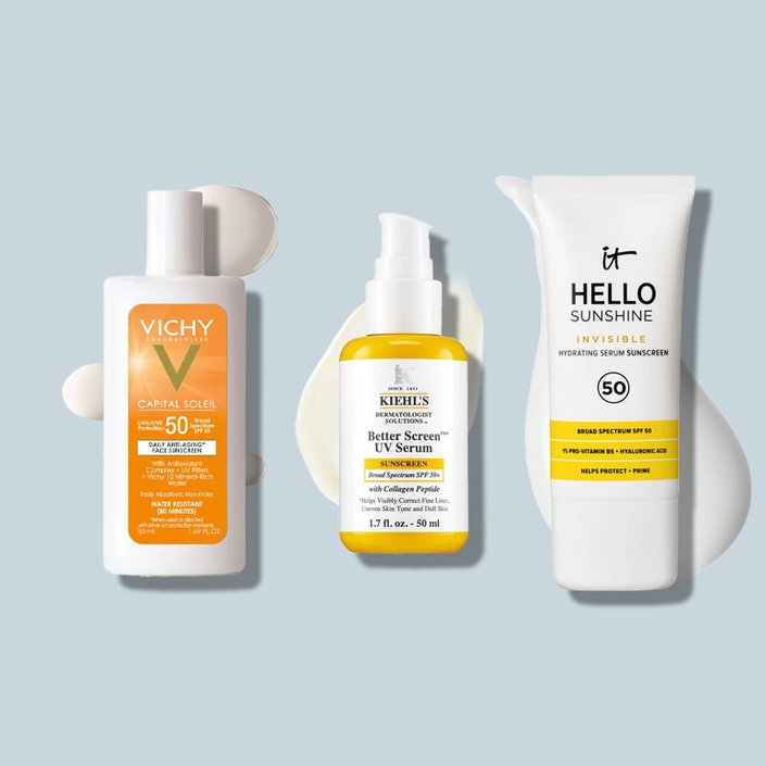 Vichy Capital Soleil Ultra Light Face Sunscreen SPF 50, Kiehl’s Better Screen UV Serum SPF 50+ Facial Sunscreen with Collagen Peptide, and IT Cosmetics Hello Sunshine Invisible Sunscreen for Face SPF 50