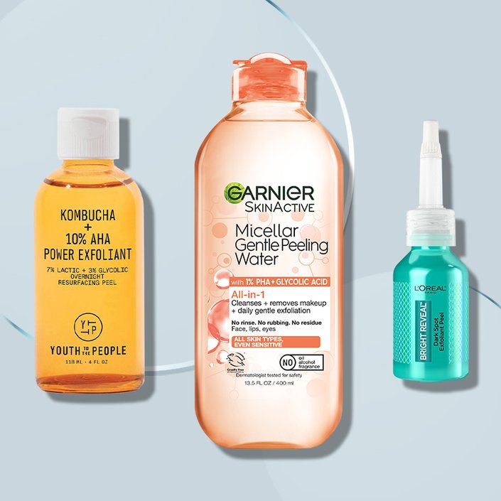 Youth to the People Kombucha + 10% AHA Power Exfoliant and L’Oréal Paris Bright Reveal Dark Spot Exfoliant Peel
