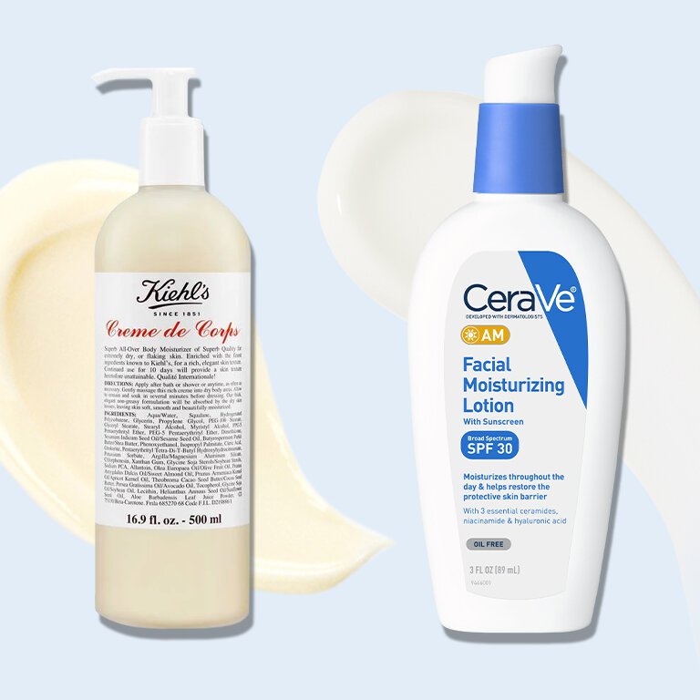 Bottle of Kiehl’s Crème de Corps and Bottle of CeraVe Facial Moisturizing Lotion against a blue background with a cream swatch across it
