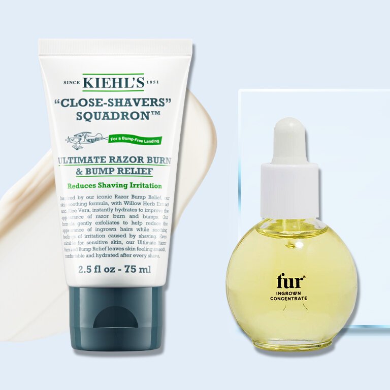 Bottle of Kiehl’s Ultimate Razor Burn and Bump Relief and Bottle of Fur Ingrown Concentrate against a blue background with a cream swatch across it