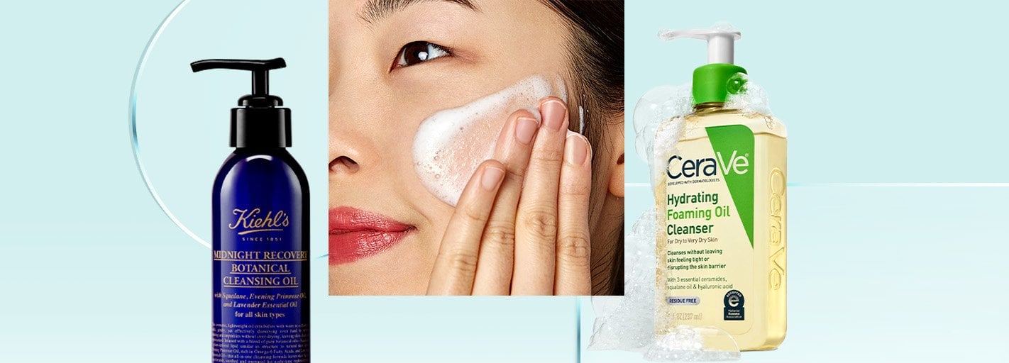 Close-up of a person’s hands rubbing facial cleanser into skin