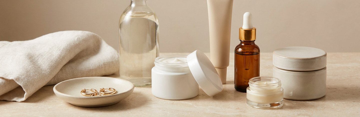 Aesthetic arrangement of skincare products including a cleanser, moisturizer, sunscreen, serum, eye cream, and neck cream displayed on a neutral, well-lit surface with natural elements like a ceramic dish and soft towel to evoke a sense of routine and self-care.