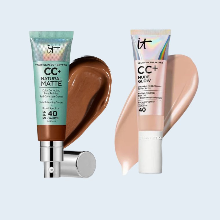 IT Cosmetics CC Cream on a blue background