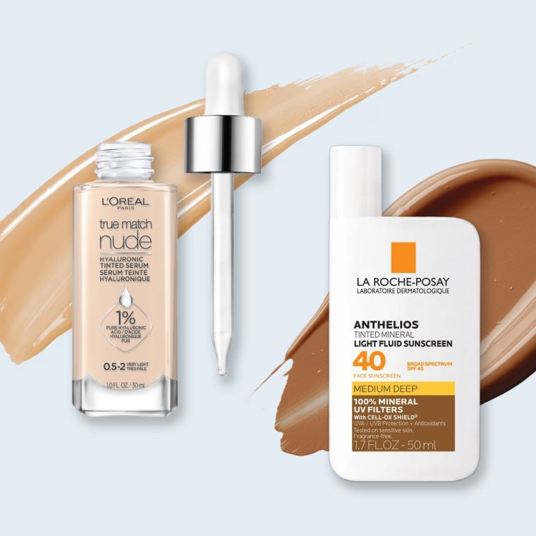 L’Oreal Paris True match Foundation and La Roche-Posay Anthelios SPF 40 on a blue background