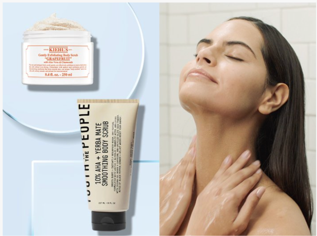 Designed graphic featuring a Kiehl’s body scrub, a Youth to the People body scrub, and a headshot of a woman in the shower.