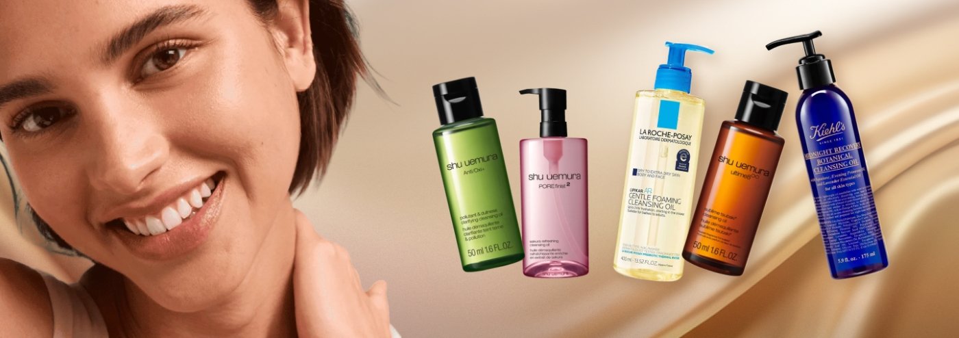 A graphic designed image featuring various cleansing oils including a La Roche-Posay foaming cleansing oil and a Kiehl’s Midnight Recovery cleansing oil.