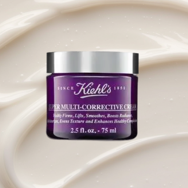 Khiel’s Super Multi-Corrective anti-aging cream on a cream-textured background