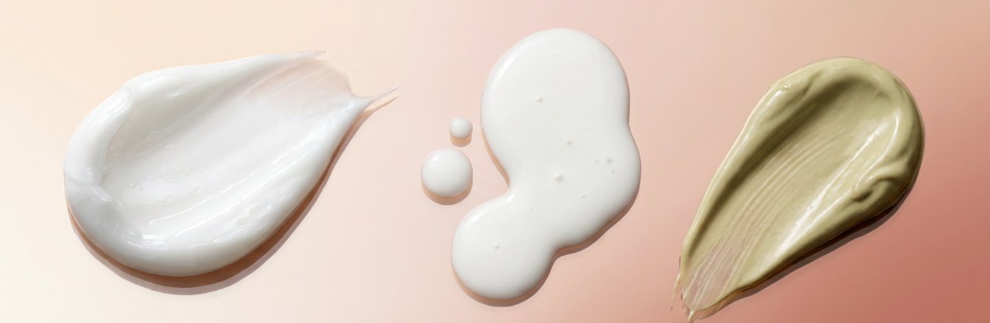 Image of sunscreen textures on a pink gradient background