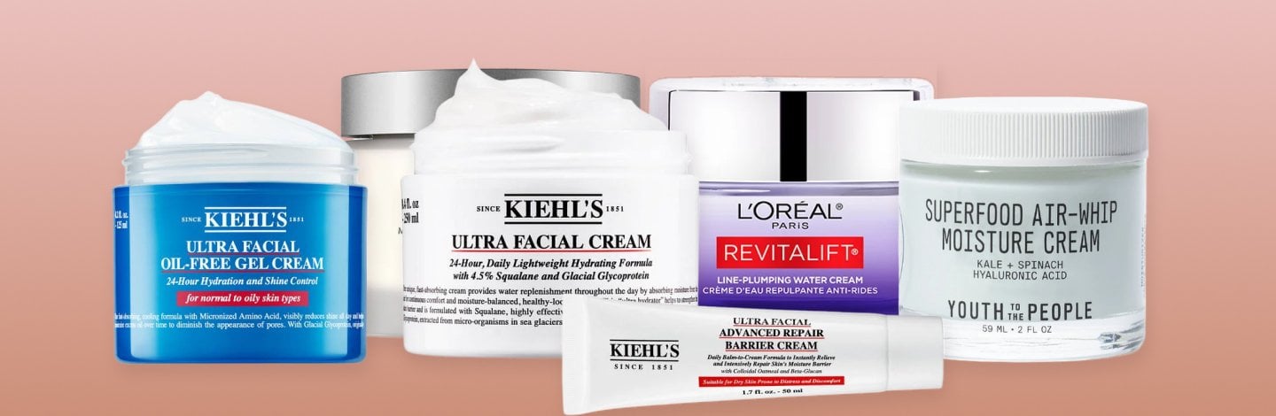 Image with the products: Kiehl’s Ultra Facial Oil-Free Gel Cream, Kiehl’s Ultra Facial Cream, L’Oreal Paris Revitalift Line-Plumping Water Cream, Superfood Air-Whip Moisture Cream, SkinCeuticals Daily Moisture Lightweight Pore-Minimizing Moisturizer for Normal or Oily Skin, and Ultra Facial Advanced Repair Barrier Cream