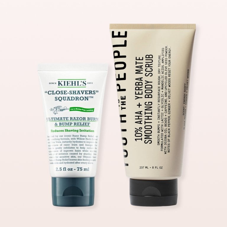 Bottle of Kiehl’s Ultimate Razor Burn & Bump Relief and a bottle of Youth to the People 10& AHA + Yerba Mate Smoothing Body Scrub.