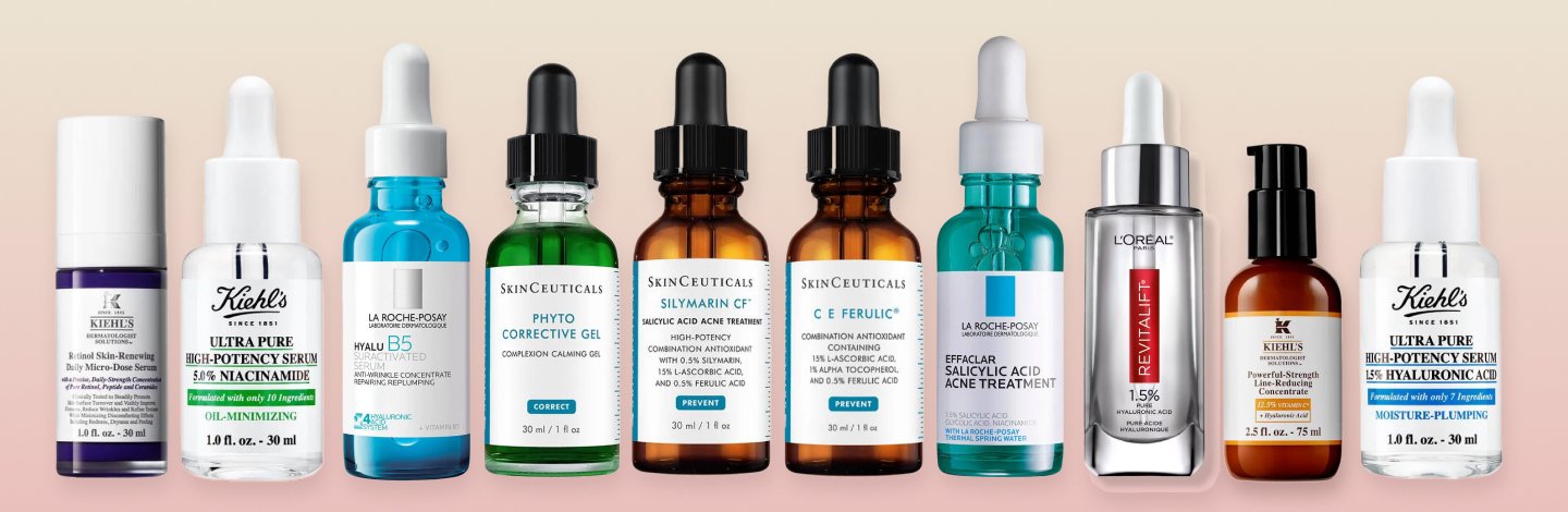 Image of Kiehl’s Retinol Skin-Renewing Daily Micro-Dose Serum, Kiehl’s Ultra Pure High-Potency Serum, La Roche-Posay Hyalu B5 Suractivated Serum, SkinCeuticals Phyto Corrective Gel Complexion Calming Gel, SkinCeuticals Silymarin CF Salicylic Acid Acne Treatment, SkinCeutricals C E Ferulic, La Roche-Posay Effaclar Salicylic Acid Acne Treatment, L’Oreal Revitalift Pure Hyaluronic Acid, Kiehl’s Powerful-Strength Line-Reducing Concentrate, and Kiehl’s Ultra Pure High-Potency Serum on a light pink and yellow gradient background