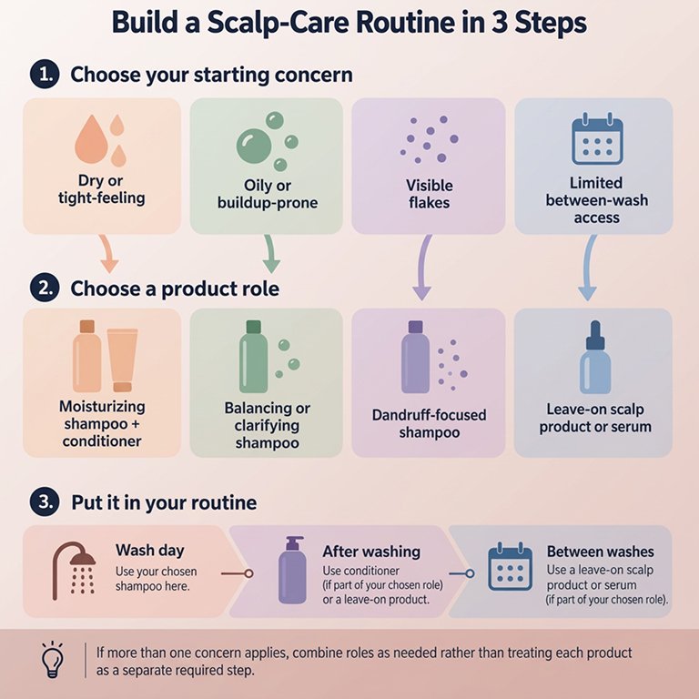 Decision matrix matching dry scalp, buildup, persistent flakes, and between-wash needs
