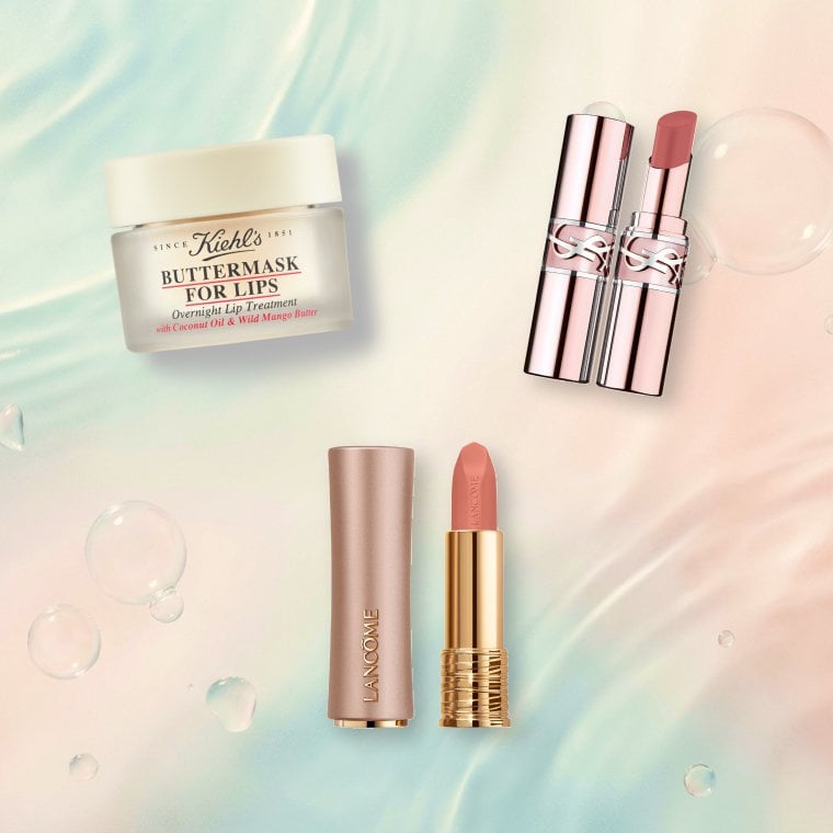 Kiehl’s Buttermilk for Lips, YSL Candy Glow Tinted Butter Balm, and Lancome L’Absolu Rouge Cream Lipstick on a colorful background