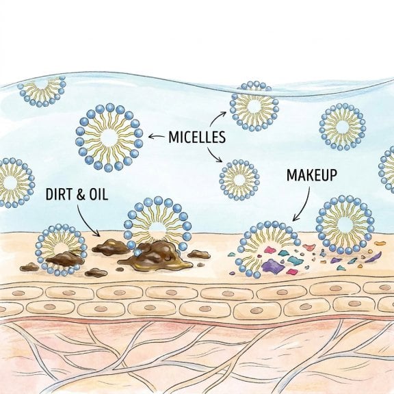 Illustration of micelles—the active cleansing molecules in micellar water—gently encapsulating dirt, oil and makeup on skin’s surface.