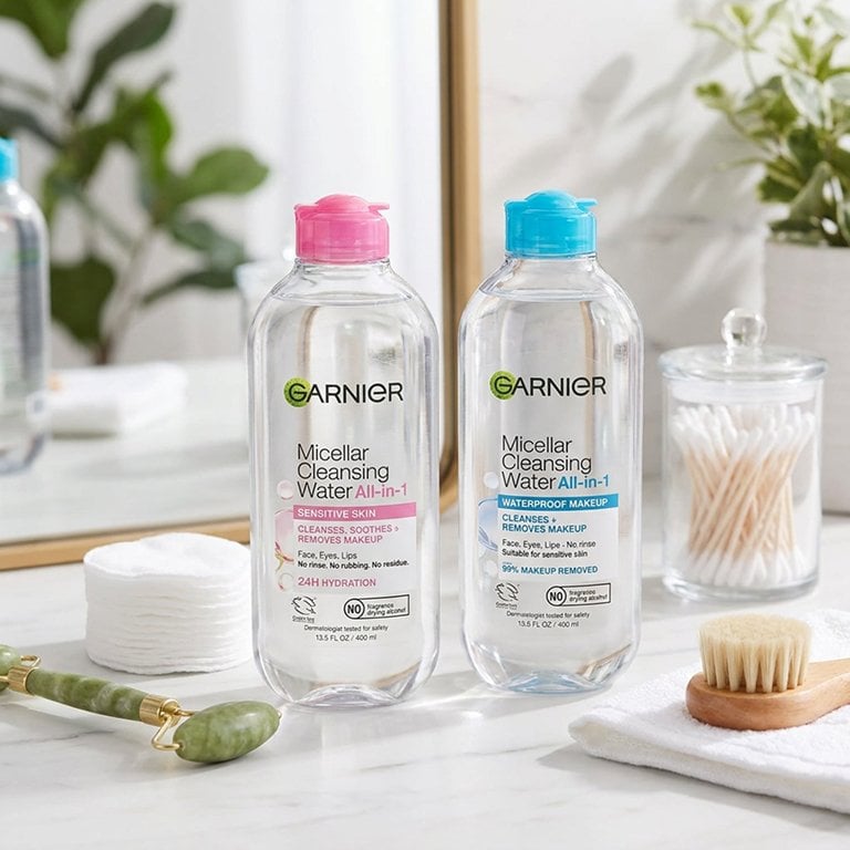 Product lineup shot showing Garnier Micellar Cleansing Water All-in-1 and Garnier Micellar Cleansing Water Waterproof bottles side-by-side on a vanity, surrounded by skincare props