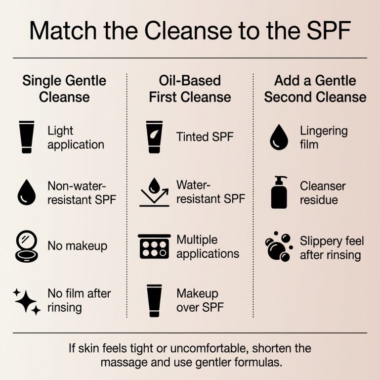cleansing options based on mineral sunscreen formula, product layers, and residue after rinsing