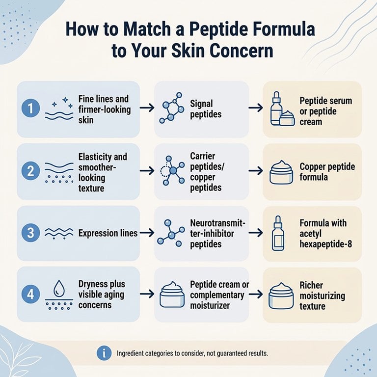 visual guide matching visible aging concerns with peptide categories and product formats.