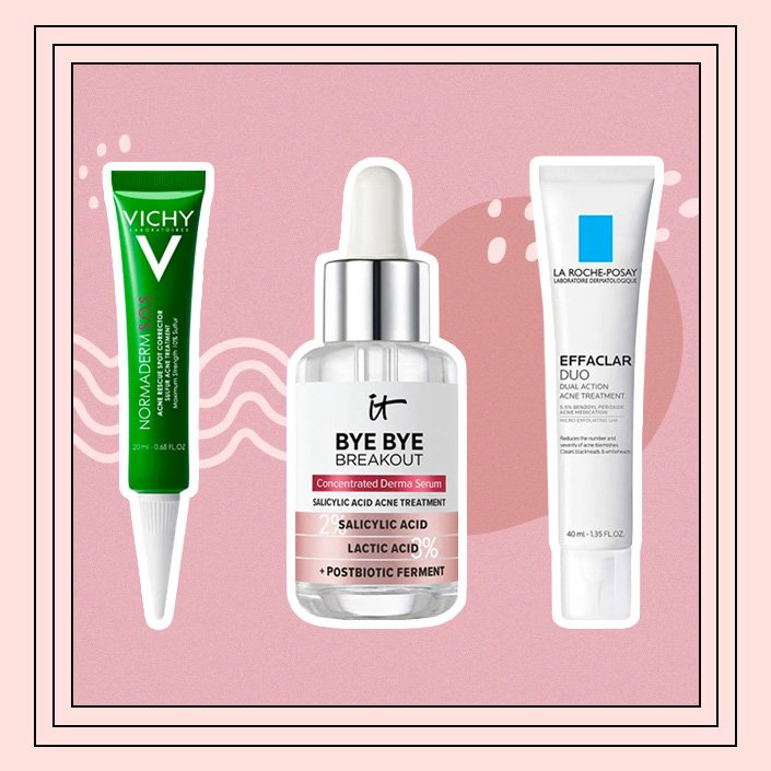 Vichy spot treatment, IT Cosmetics Bye Bye Serum, La Roche Posay Effaclar Duo collaged onto a pink background