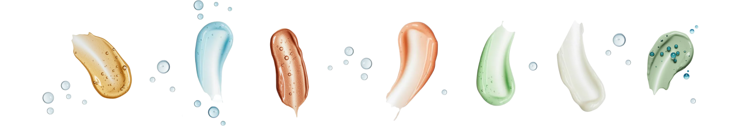 Swipes of skincare product and bubbles on a white background